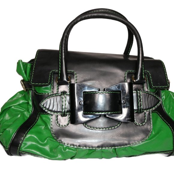 AUTHENTIC Gucci Green and Black Leather Satchel Handbag - Picture 1 of 10